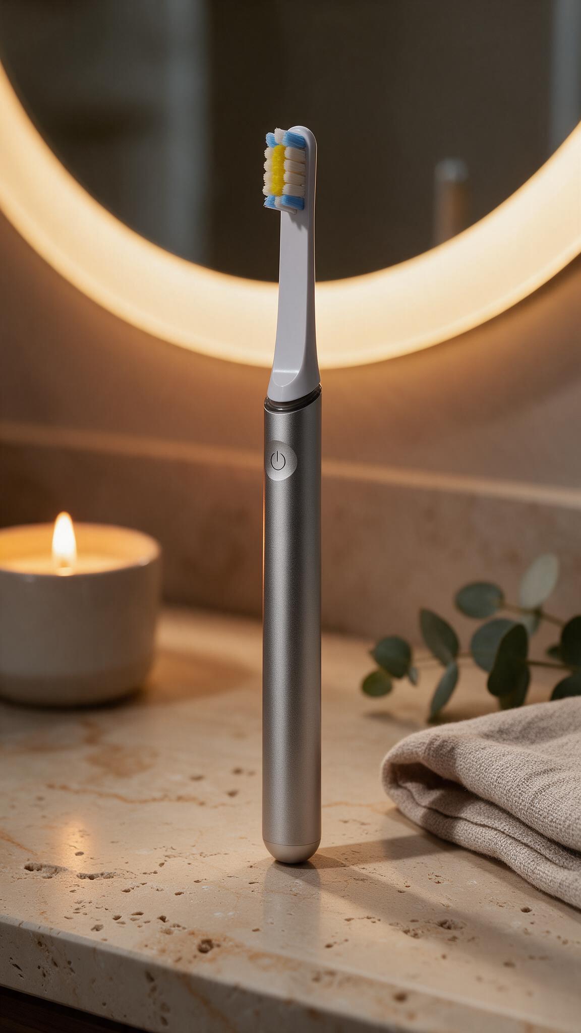 The Nora Elis sonic toothbrush standing beside a lit candle