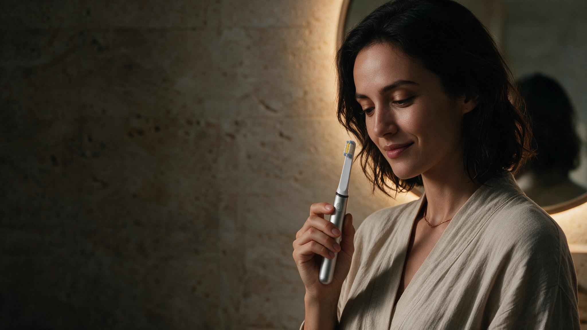 A woman holding the Nora Elis brush in warm evening light